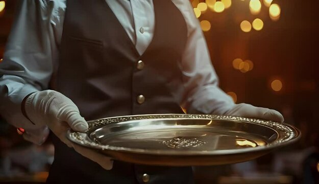 Waiter serving tray in elegant concept at luxury restaurant.