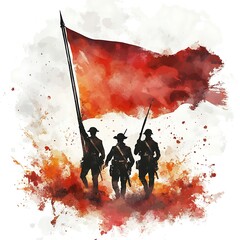 Silhouettes of Three Soldiers Marching With Red Flag Watercolor Illustration.