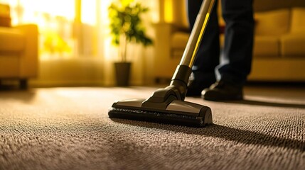 A person cleans a carpet with a vacuum cleaner, efficiently removing dirt and debris..