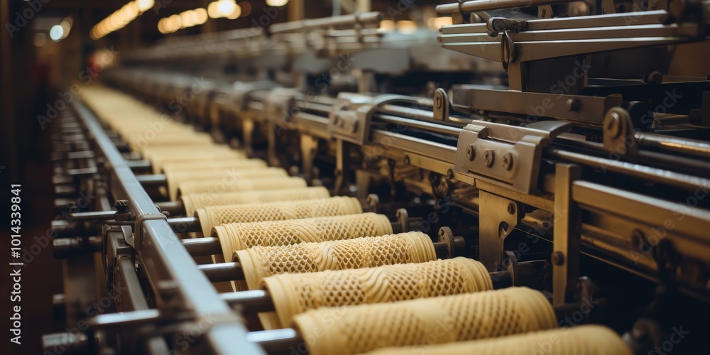 Aufkleber close-up of a production line featuring a series of textured, cylindrical objects being processed by