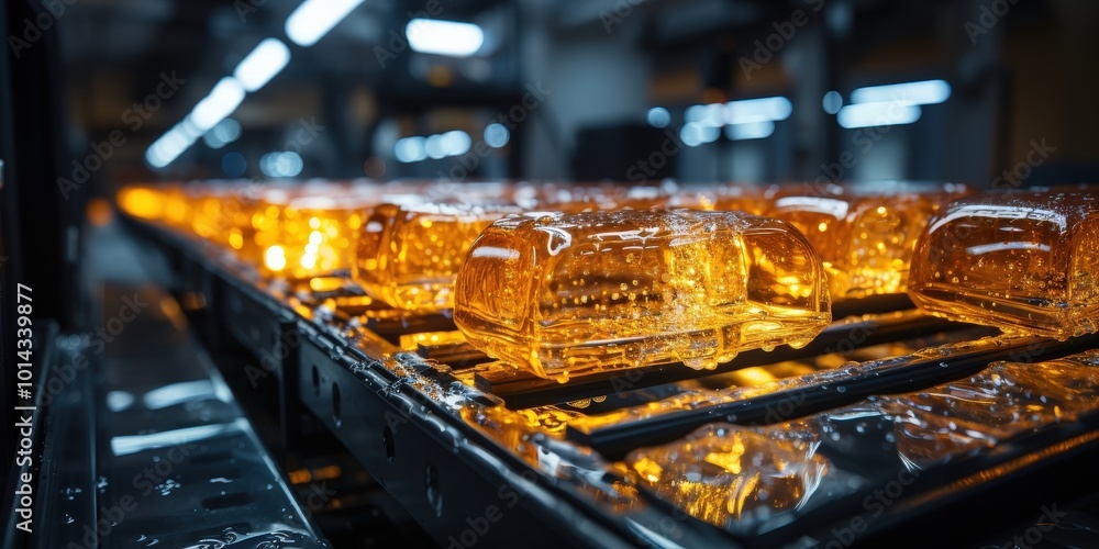 Fototapete A close-up of a shiny, amber-colored substance flowing through a factory production line, illuminating the metal rails and reflecting light in a mesmerizing display
