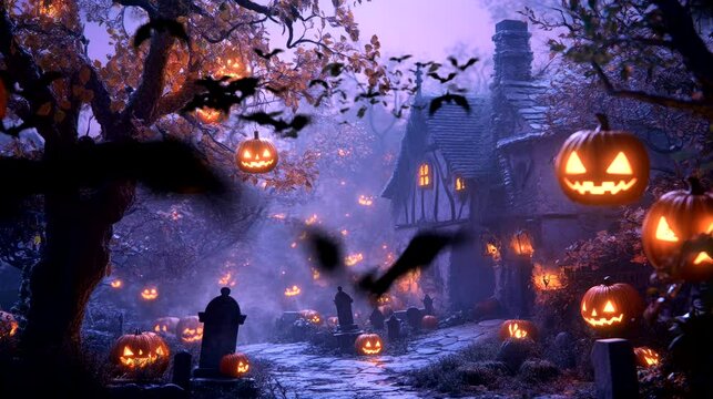 Halloween scene with pumpkins and haunted house with flying bats. Seamless looping time-lapse virtual 4k video animation background