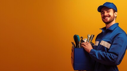 A smiling repairman holds a toolbox and cable, ready to assist with electrical issues..