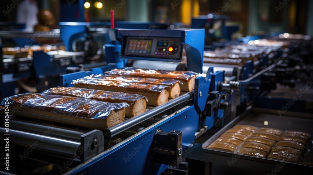 Poster a close-up shot of a factory machine used to package food products, showcasing a conveyor belt and a