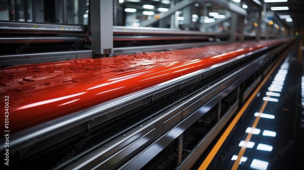 Poster a close-up view of a red roller in a printing press, showcasing the intricate details of the industr