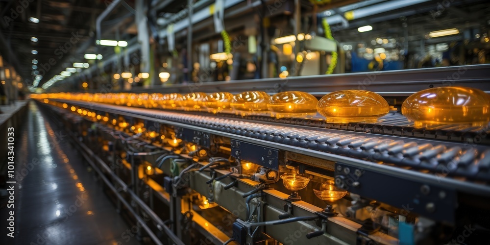 Poster A row of glowing amber objects travel on a conveyor belt in an industrial setting, revealing the intricate machinery and a glimpse of a busy production line.