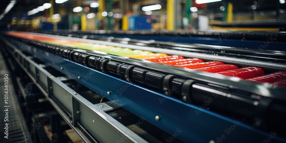 Poster Close-up view of a conveyor belt system with colorful containers moving along the track, showcasing the intricate mechanics and precision of automated manufacturing processes.