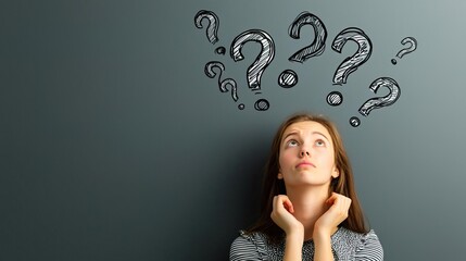 A young woman gazes upwards, surrounded by hand-drawn question marks on a gray backdrop..