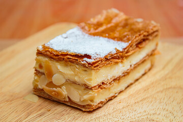 Mille feuille cake layers cream napoleon dessert.