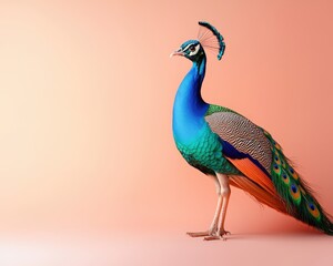 Naklejka premium A striking peacock showcases its vibrant blue and green feathers against a soft pastel background, highlighting its beauty and elegance in a unique pose.