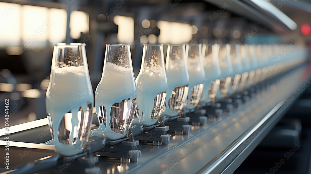 Poster A row of glass containers filled with a viscous, white substance move along a conveyor belt, representing the automation and precision of a manufacturing process.