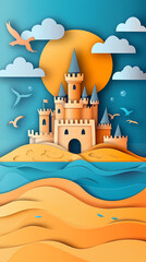 Obraz premium Paper art summer beach background with sand castle in sunset time view paper cut style vector