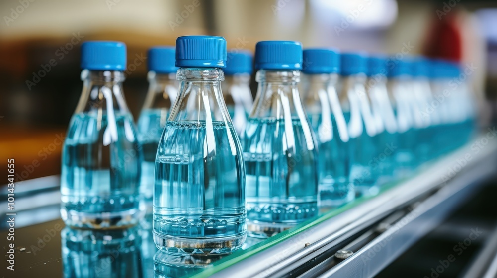 Aufkleber a row of blue liquid filled bottles moving on a conveyor belt in a factory setting
