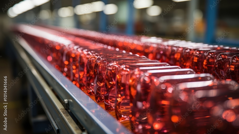 Aufkleber A Close-Up View of a Conveyor Belt Carrying Rows of Clear Red Bottles in a Factory Setting