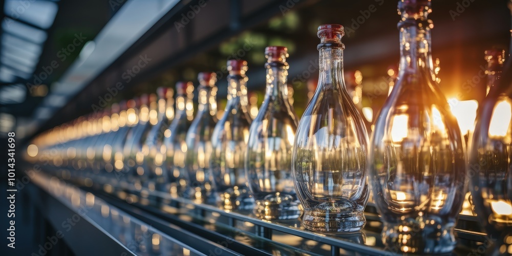Aufkleber a symphony of glass bottles illuminated by a warm sunset, each one reflecting a different shade of g