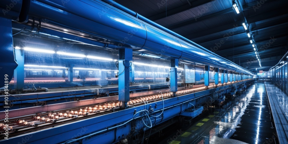Poster industrial conveyor belt system with illuminated components in a modern factory setting