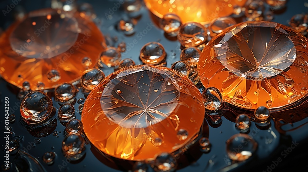 Poster a symphony of golden light captured in a mesmerizing array of multifaceted water droplets, reflectin