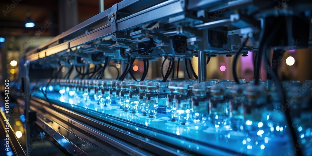 Poster a close-up view of a complex industrial conveyor belt, with a line of clear containers illuminated b