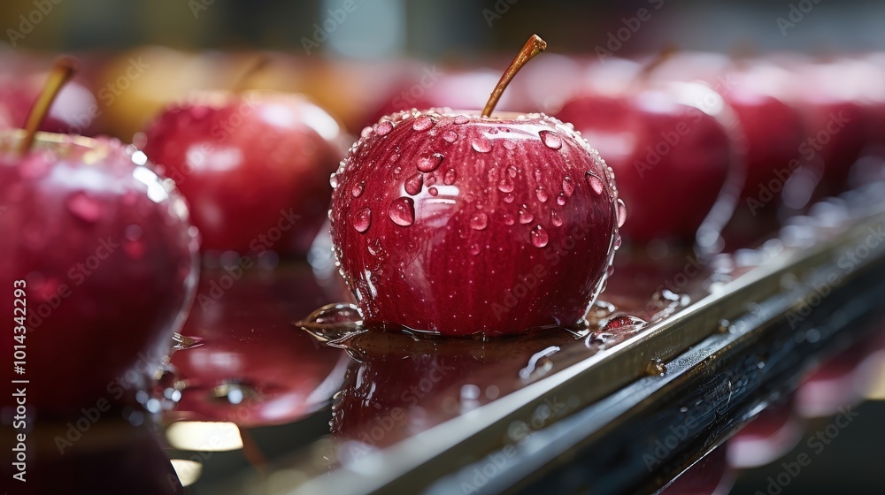 Poster a shiny red apple with water droplets, sitting in a tray of water, surrounded by other apples, showi