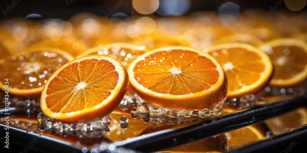 Poster vibrant orange slices arranged on a glossy surface, reflecting the captivating glow of surrounding l