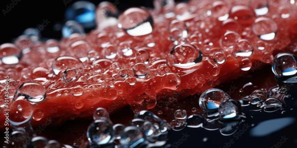 Poster water droplets glisten on a deep red surface, creating an abstract tapestry of light and texture