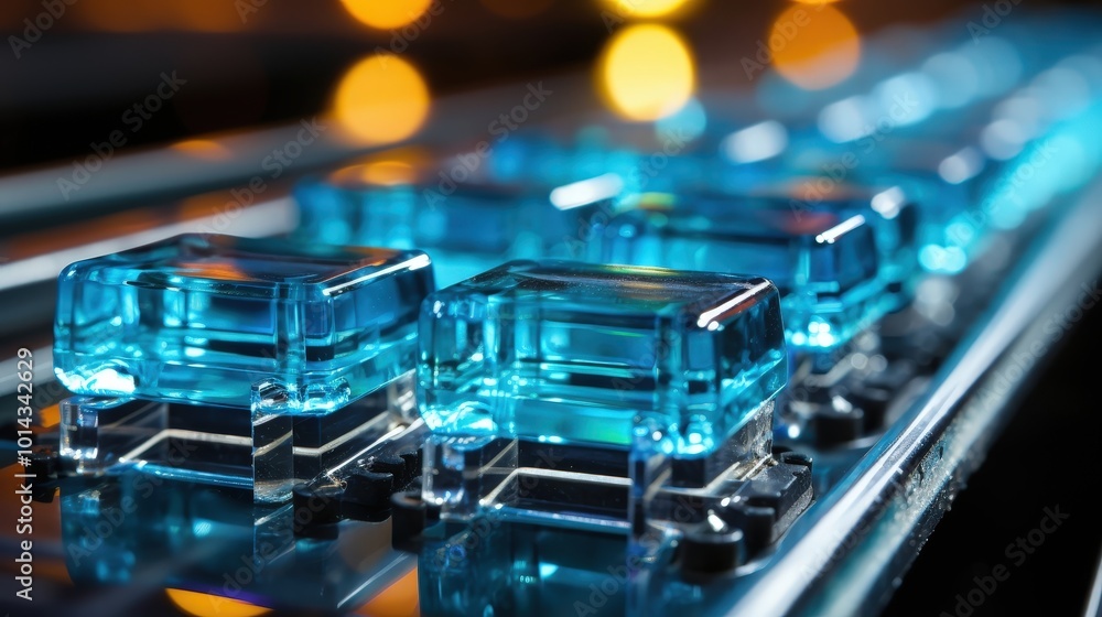 Poster Closeup of a Row of Transparent Blue Keys on a Mechanical Keyboard with an Abstract Blurred Background