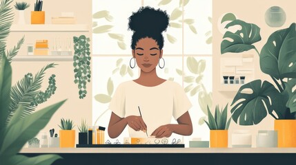 Fototapeta premium Woman Creating Natural Products: A serene, vibrant illustration of a woman crafting natural products in her home studio, surrounded by greenery and sunlight.