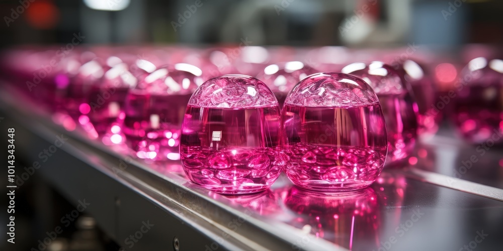 Poster a row of pink, spherical containers filled with a liquid solution moves along a conveyor belt in a s