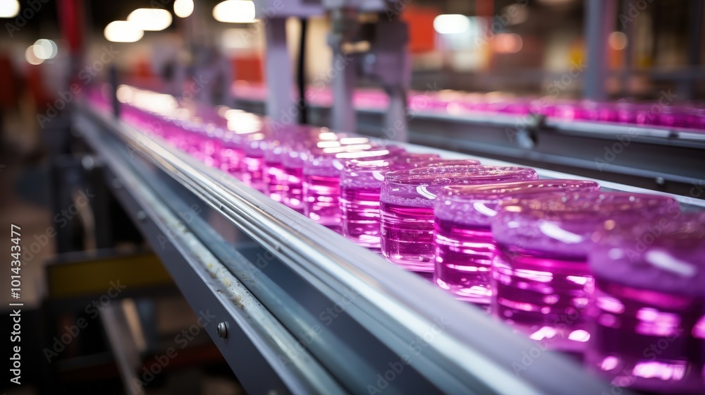 Poster A close-up view of a conveyor belt filled with rows of pink liquid containers, highlighting the automated production and packaging process in a modern factory.