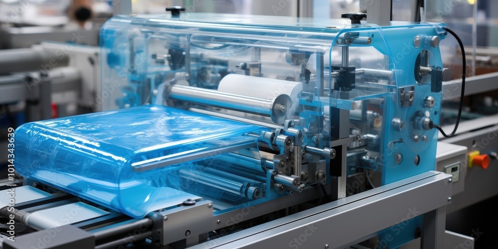 Poster close-up of a modern industrial machine with a transparent blue plastic sheet being processed, revea