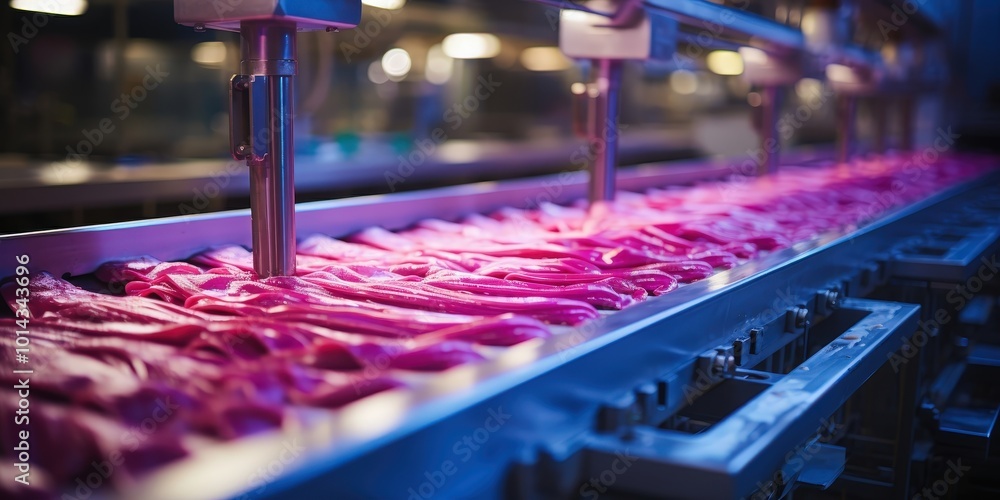 Poster pink candy production line close-up of a factory conveyor belt with rows of candy being processed an