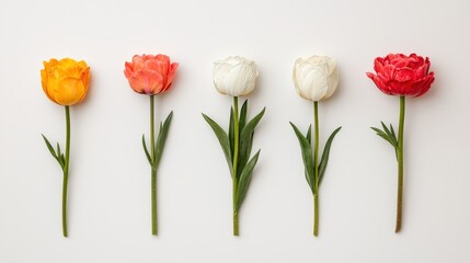 Fototapeta premium Colorful Tulips Flowers Row Arrangement White Background Spring Floral Design