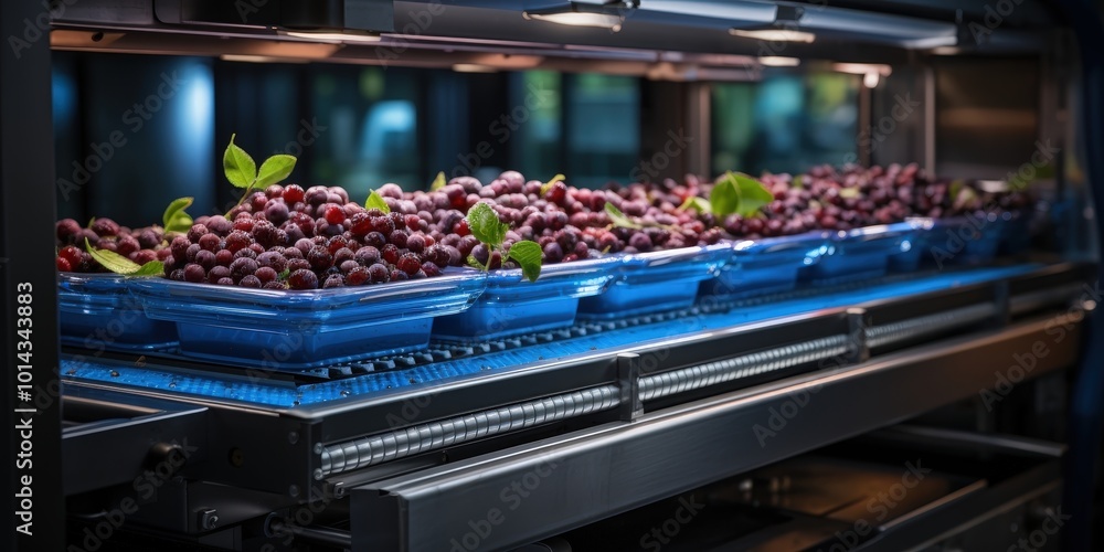 Poster a close-up of a conveyor belt moving freshly picked grapes in clear plastic containers through a foo