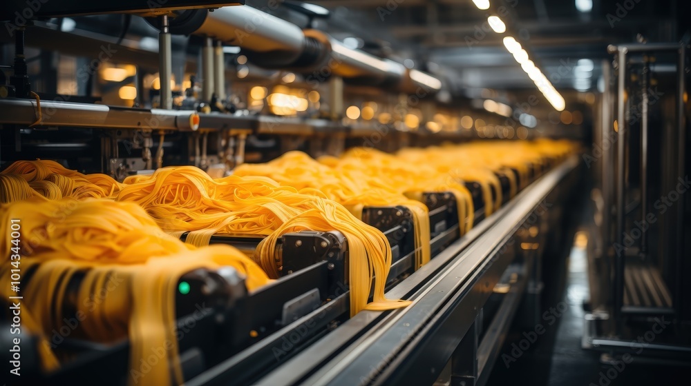 Poster a close-up view of a yellow yarn production line, showcasing the complex machinery and the flowing t