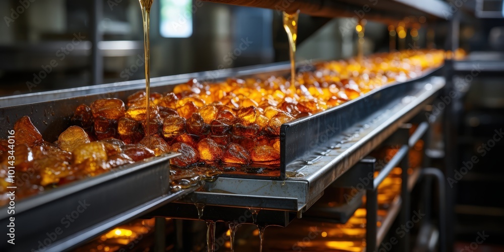 Poster close-up of a conveyor belt with a liquid substance flowing over it, with a focus on the golden-hued