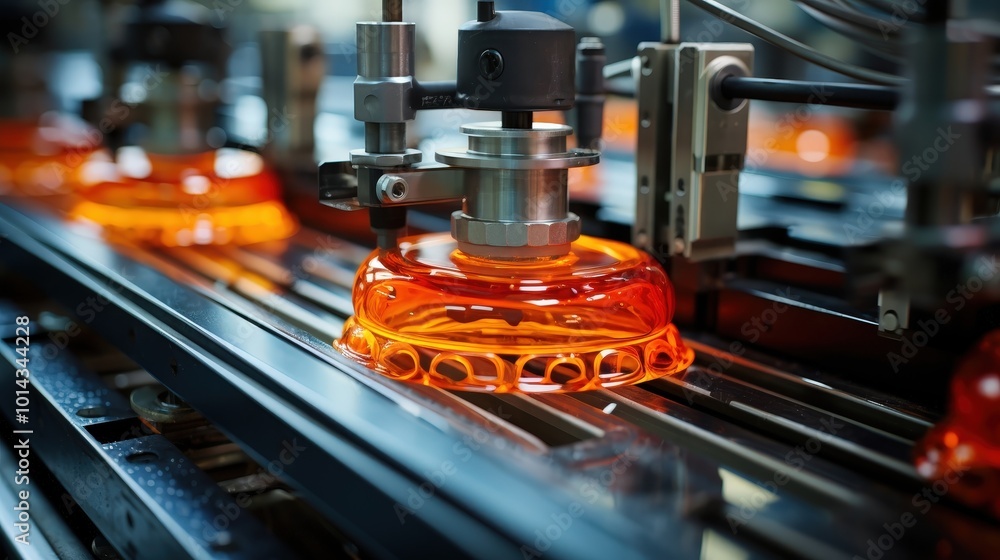 Poster industrial automation a molten glass object moving along a conveyor belt in a factory setting