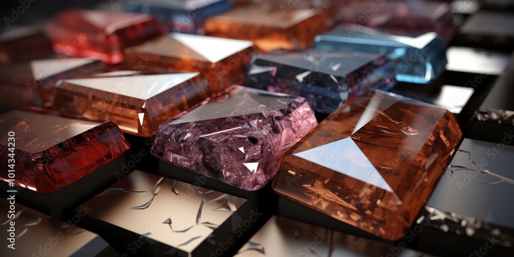 Poster A close-up view of a cluster of colorful gemstone facets, their intricate patterns and textures reflecting light in a mesmerizing display.