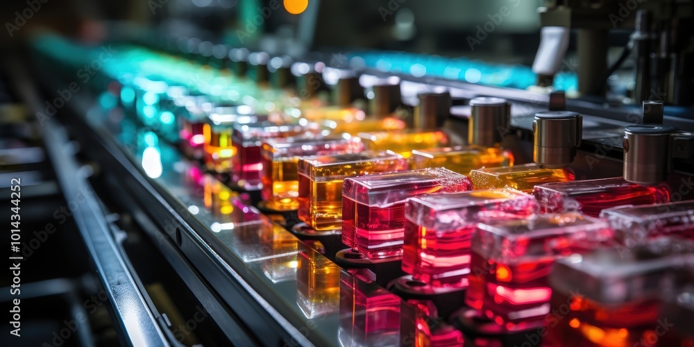 Poster A close-up view of a production line filled with clear containers filled with colorful liquids, showcasing the meticulous process of manufacturing and packaging products.