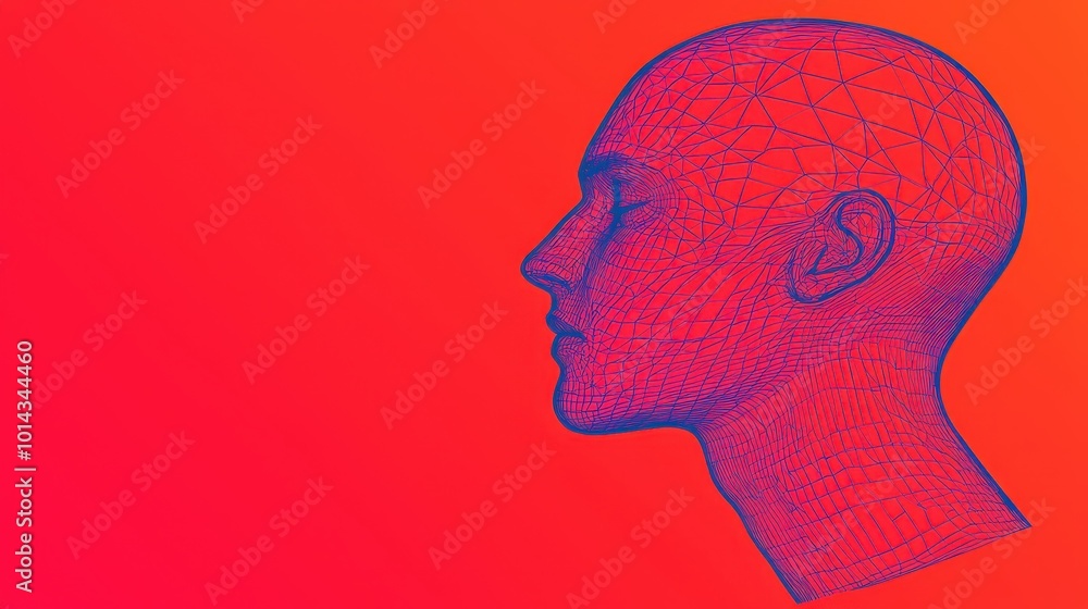 Poster abstract wireframe head profile on red gradient background technology ai digital art