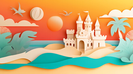Obraz premium Paper art summer beach background with sand castle in sunset time view paper cut style vector