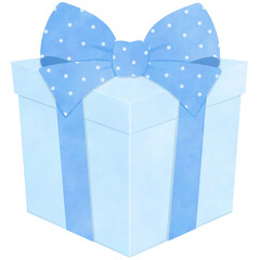 watercolor blue gift box with polka dot bow ribbon