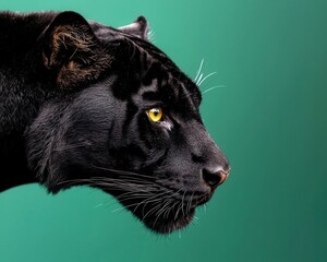 A striking profile view of a black panther against a vibrant green background, showcasing its piercing yellow eyes and sleek fur. Perfect for wildlife themes.
