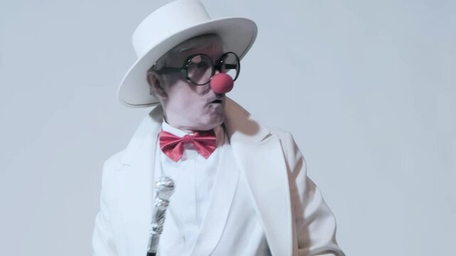 Video of a surprised and smiling clown.  An elderly man in a white coat and hat with walking stick.