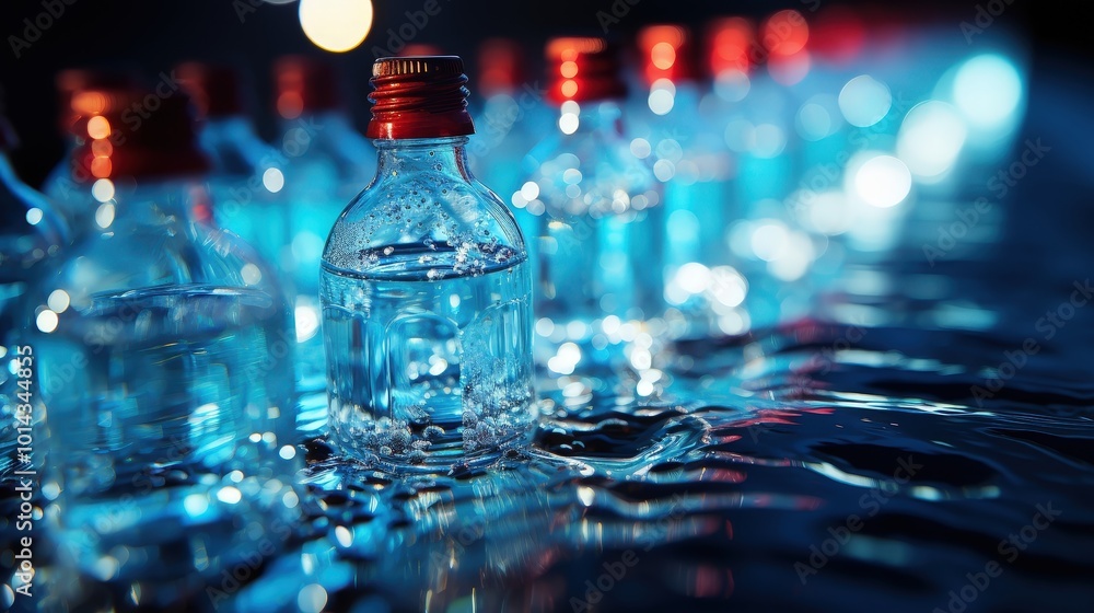 Poster a single glass bottle with red cap submerged in still water with soft blue light and bubbles reflect