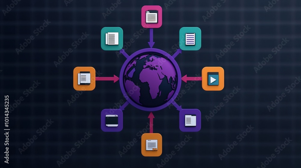 Poster global content sharing network with 3d globe documents and video icons