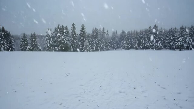 A serene winter landscape featuring a vast snow-covered field bordered by a forest of towering pine trees. Snow falls gently from the sky blanketing the scene in a quiet peaceful ambiance.