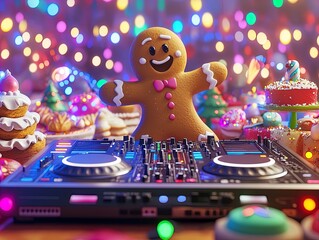 Festive Fun: Animated Gingerbread Man DJing at Holiday Party - Perfect Poster for Sports Interiors and Celebrations!