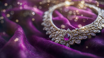 Obraz premium Shiny silver and ruby necklace on a luxurious royal purple velvet cloth, with a purple-to-silver gradient background and subtle festive sparkles, Copy space, happy Diwali background, traditional