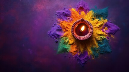 Single clay diya at the center of a circular rangoli made with vibrant colored powders, front view, set on a deep purple backdrop, copy space, happy Diwali background, traditional, Indian festival.