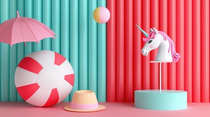 Summer Fun 3D Render  Unicorn  Beach Ball  Umbrella  Hat   Podium